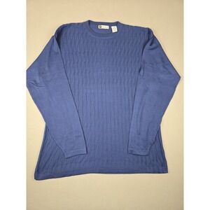 Bachrach Sweater Men XL Navy Blue Silk Cotton Blend Ribbed Crewneck *Small stain